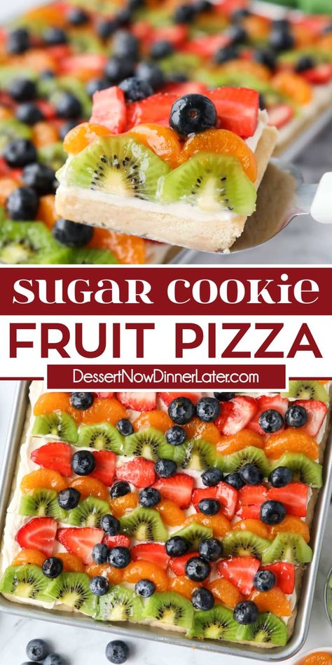 Sugar Cookie Fruit Pizza combines sugar cookie bars and fruit pizza into one tasty dessert with cream cheese frosting and your choice of fruit. This fruit pizza recipe is made in a quarter sheet pan or 9x13. Perfect for serving a crowd! Dessert With Cream Cheese, Sugar Cookie Fruit Pizza, Cookie Fruit Pizza, Fruit Pizza Cookies, Fruit Pizza Frosting, Sugar Cookie Pizza, Dessert Pizza Fruit, Fruit Sugar Cookies, Dessert Pizza Recipes