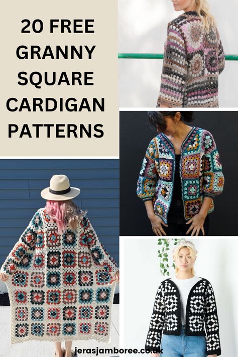 montage of four photos showing women wearing differently designed granny square cardigans Crochet Tricks, Modern Granny Square, Long Crochet Cardigan, Granny Square Poncho, Shrug Crochet, Cardigan Sweater Pattern, Crochet Cardigan Free, Granny Square Cardigan, Granny Square Sweater