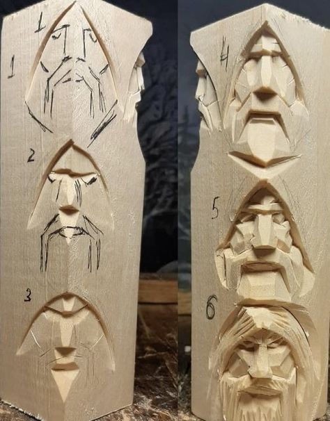 Beginner Carving Ideas, Dremmel Art Projects, Wood Carving Patterns For Beginners, Woodcarving Ideas, Fantasy Wood Carving Patterns, Wood Spirits Carving For Beginners, Norse Wood Carving Patterns, Female Wood Spirit Carving, Carved Wood Spirits