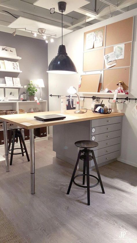 The BEST Ikea Craft Rooms Organizing Ideas - this is a craft room inside an IKEA showroom! Perfect for a basement or in a large living area. See more in this post by craft expert Jennifer Priest. #basementroom Craft Table Ikea, Diy Craft Room Storage, Ikea Showroom, Craft Room Tables, Ikea Craft Room, Craft Table Diy, Ikea Crafts, Sewing Room Design, Craft Room Design