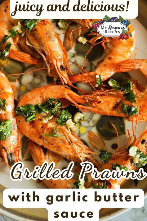 6 grilled prawns on a plate. How To Cook Prawns, Prawns Recipe, Spicy Prawns, Homemade Garlic Butter, Grilled Prawns, Best Seafood Recipes, Prawn Recipes, Shellfish Recipes, Delicious Appetizer Recipes