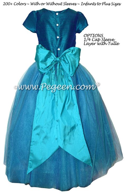 Peacock and Turquoise Tulle Flower Girl Dress with 3/4 sleeves Turquoise Flower Girl Dress, Elegant Flower Girl Dress, Bridesmaid Tulle, Silk Colors, Flower Girl Dresses Blue, Bridesmaid Sash, Tulle Flower Girl Dress, Cheap Flower Girl Dresses, Tulle Flower Girl