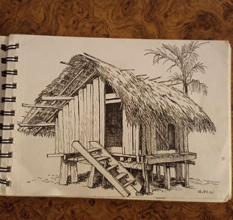 Narra Tree Philippines Drawing, Bahay Kubo Drawing Easy, Bahay Kubo Drawing, Hut Sketch, Hut Drawing, Ballpen Drawing, Typography Drawing, Landscape Pencil Drawings, Drawing Scenery