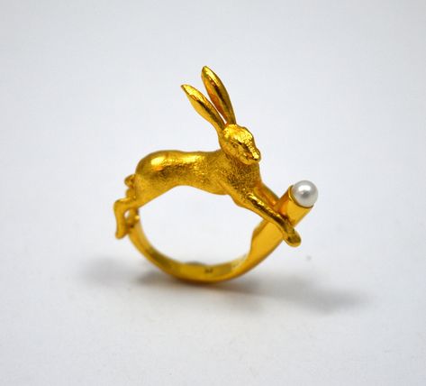 Lot 4 - BILL SKINNER, Mad March Hare ring, depicting a leaping Hare with freshwater pearl detail, stamped Rabbit Things, Leaping Hare, Rabbit Ring, Rabbit Charm, March Hare, June 2024, Printing Business, Styled Shoot, Stone Rings