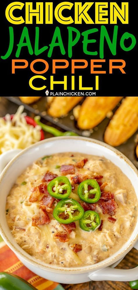 Jalapeno Popper Chili, Chicken Jalapeno Popper, Chicken Jalapeno, Chili Dinner, Chicken Soups, Chili Chicken, Jalapeno Chicken, Chili Soup, Paleo Crockpot