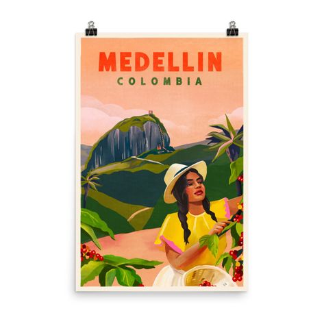 Medellin Colombia Vintage Travel Art Poster | Etsy Colombia Illustration, Coffee Plan, Art Scenery, Scenery Art, Whiskey Ginger, Coffee Brand, Adventure Book, Vintage Pinup, Art Posters