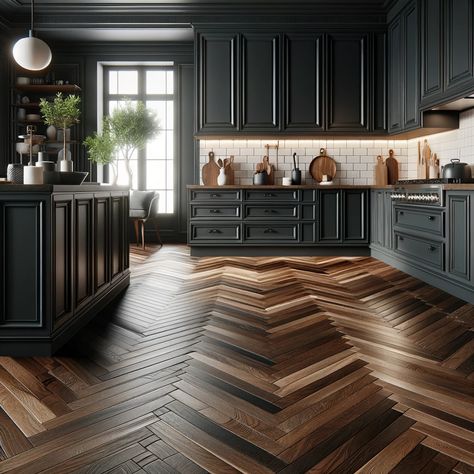 dark kitchen cabinets with Dark Walnut Herringbone Pattern Hardwood floors Walnut Flooring Kitchen, Herringbone Wood Floor Kitchen, Parquet Flooring Kitchen, Dark Floorboards, Dark Walnut Floors, Dark Brown Kitchen, Black Walnut Flooring, Flooring Options Durable, Kitchen Slab