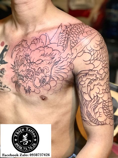 Tattoo Stencils Dragon, Dragon Chest Arm Tattoo, Dragon Tattoo Sleeve Japanese, Dragon Tattoo Stomach, Dragon Chest Tattoo, Chinese Dragon Chest Tattoo, Dragon Chest Tattoo Men Japanese Sleeve, Japanese Dragon Full Sleeve Tattoo, Chest Tattoo Sketches