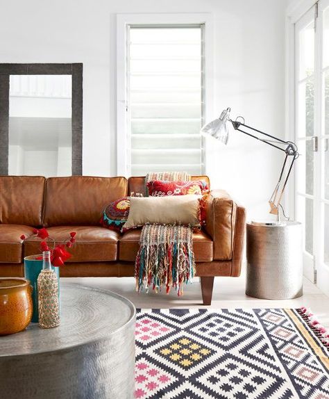 Brown Leather Couch, Freedom Furniture, Leather Couch, Boho Interior, The Design Files, A Living Room, Living Room Inspiration, Scandinavian Style, Trending Decor