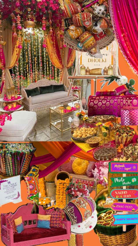 Dholki Stage Decor, Diy Dholki Decor, Dholki Setup, Dholki Ideas At Home, Dholki Ideas, Mehndi Stage Decor, Mehendi Decoration, Shaadi Decor, Mehndi Stage