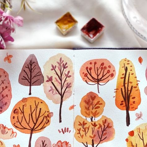 Nianiani Watercolor, Tree Doodles, Tree Doodle, Autumn Tree, October 21, Color Grouping, Watercolour Tutorials, Autumn Trees, Art Watercolor