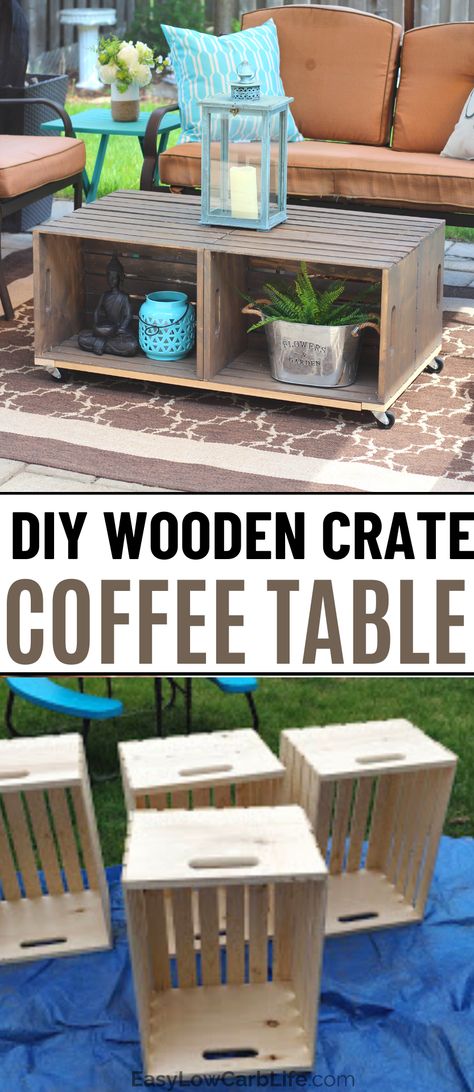 Small Wooden Crate Ideas Diy, Diy Crate Coffee Table, Diy Wood Crate, Wooden Crate Coffee Table, Coffee Table With Wheels, Diy Wooden Crate, Cheap Farmhouse, Table With Wheels, Crate Coffee Table