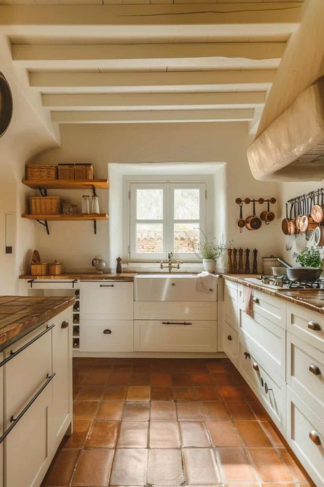 Saltillo Kitchen Floor, Mediterranean Kitchen Floor, Spanish Galley Kitchen, Kitchen Interior Spanish, Clay Tile Kitchen Floor, Kitchen Cased Opening, Spanish Villa Kitchen Hacienda Style, Terracota Kitchen Design, Light Tile Floor Kitchen