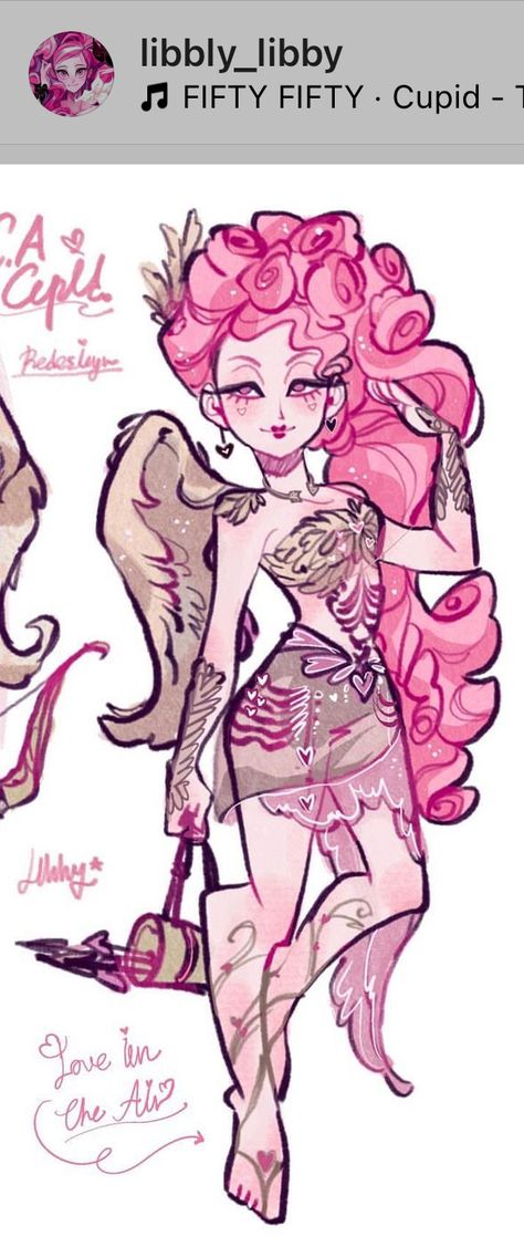 Wing Character Poses, Cupid Outfit Drawing, Monster High Cupid Fanart, Lovecore Character, Cupid Drawing Character Design, Lovecore Character Design, Wing Pose Reference, Valentine Character Design, Anti Cupid Oc