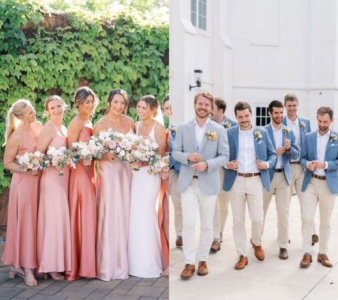 Mix And Match Bridesmaid Dresses Pink And Blue, Dusty Blue And Peach Bridesmaid Dresses, Blue And Blush Bridesmaid Dresses, Pink Bridesmaid Blue Groomsmen, Pale Wedding Colors, Sunset Color Palette Wedding Groomsmen, Shades Of Pink Bridal Party, Wedding Party Spring Colors, Pastel Blue And Pink Wedding Theme