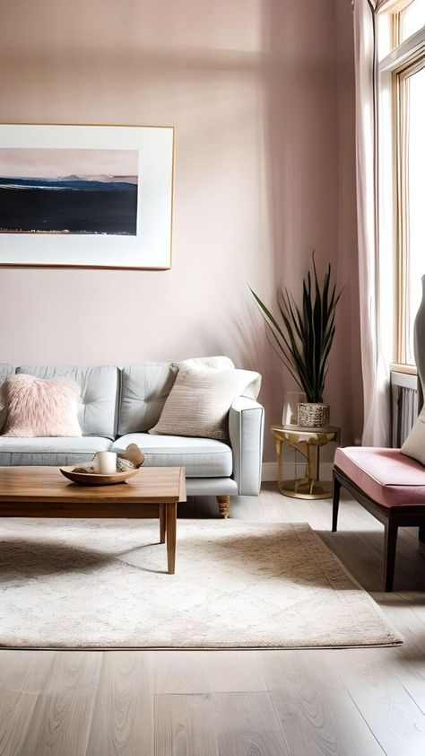 Blush Pink Walls Living Room, Dusky Pink Walls, Dusty Pink Feature Wall, Light Pink Dining Room Walls, Blush Living Room Walls, Pale Pink Wall Paint, Pale Pink Room Aesthetic, Pink And Wood Living Room, Blush Walls Living Room