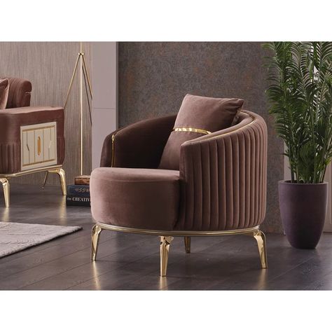 Everly Quinn Aisma 33.5 inches Wide Velvet Armchair | Wayfair Latest Chair Design For Living Room, Brown Chairs Living Room, Brown Chair Living Room, Gold Armchair, Wooden Leg Sofa, Contemporary Living Room Chairs, Latest Living Room Designs, Easy Chairs, Sofa Chairs