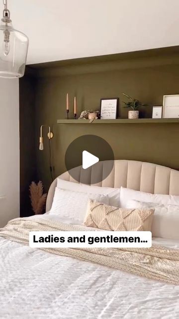 Lick on Instagram: "The perfect olive green paint (if we do say so ourselves), #Green05 Rome House.   Yellow-based with a rich dusky feel, it’s the ideal shade to kick back and relax into.   Cocoon your living room or create a cosy bedroom feature wall, just like @coletteslittlehome did here.   #LickPaint #bedroominspo" Statement Walls Bedroom, Olive Green Paint, Olive Bedroom, Bedroom Feature Wall, Mcm Bedroom, Olive Green Paints, Feature Wall Bedroom, Cosy Bedroom, Statement Wall