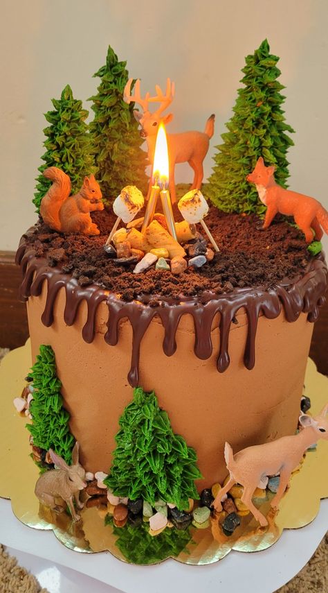 Camping Theme Cakes, Camping Birthday Cake, Natural Birthday Party, Campfire Cake, Fire Cake, Nature Cake, Camping Cakes, Camping Theme Birthday, Hunting Cake