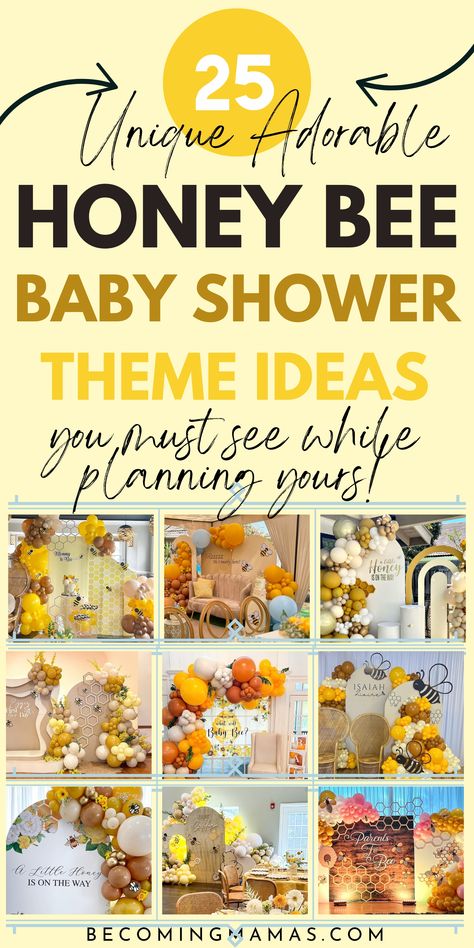 See these sweet-as-honey bee baby shower theme ideas and plan your incredible party! Elegant honeycomb displays, charming yellow balloon arches, and Winnie the Pooh. Discover the most stunning bumble bee baby shower decor ideas for your special day. Ba Bee Shower Ideas, Honey Pot Baby Shower Ideas, Bumble Bee Balloon Arch, Honey Party Theme, A Little Honey Baby Shower Ideas, A Little Honey Is On The Way Baby Shower Ideas, Baby Shower Themes May, Baby Shower Ideas Bee Theme, A Little Hunny Is On The Way