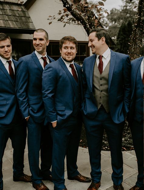 TRY DIFFERENT SUIT STYLES  Infuse various suit styles in your wedding party for an individualized look. For instance, the groom can wear a three-piece suit or tuxedo while the groomsmen can wear a two-piece suit or a tuxedo instead. You can switch the style of these suits, too. Have the groom wear a two-piece tuxedo. The groomsmen can coordinate with a two-piece suit style that’s in the same color story as the groom’s tuxedo. Light Navy Suit, Different Suit Styles, Groomsman Suits, Blue Tuxedo Wedding, Peak Lapel Suit, Grey Suit Men, Suit Styles, Blue Suit Men, Tan Suit