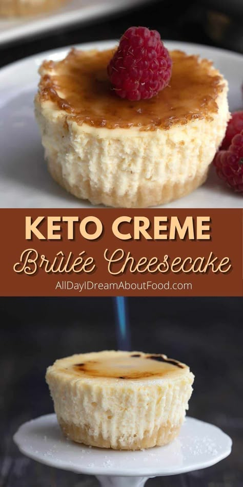 Mini Cheesecakes Easy, Creme Brulee Cheesecake, Cheesecake Keto, Keto Cakes, Low Carb Low Fat Recipes, Keto Treats, Keto Baking, Creme Brûlée, Low Carb Cheesecake