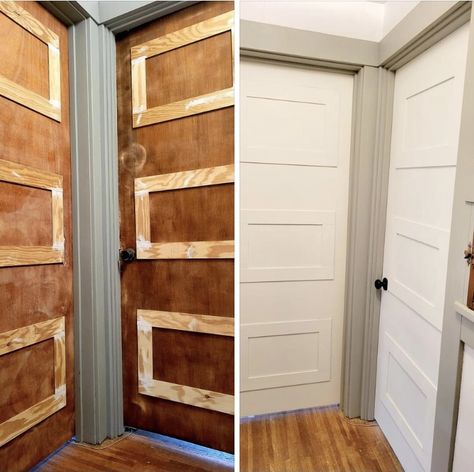 Remodeling Door Ideas, Doors For Inside The House, Interior Door Before And After, Remodel Interior Doors, Inside Door Trim Ideas, Plank Door Makeover, Door Redo Interior, Adding A Door To A Hallway, Diy Upgrade Doors