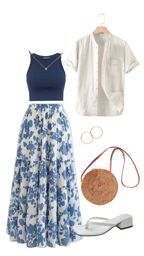 Mamma Mia Inspired Fits, Mamma Mia Skirt, Mamma Mia Clothes Aesthetic, Outfits Inspired By Mamma Mia, Blue Mamma Mia Outfit, Beach Outfit Modest, Modest Beach Outfit, Outfit Modest, Stylish Outfits Casual