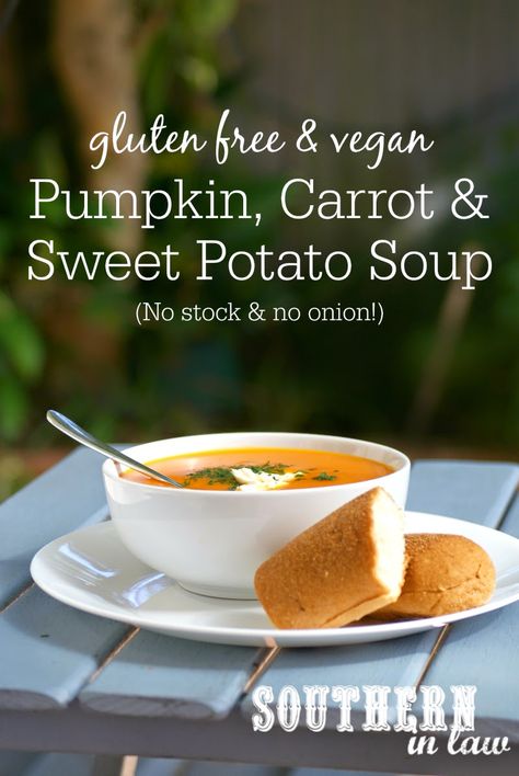 This Healthy Pumpkin, Carrot and Sweet Potato Soup is delicious and SO easy to make. Made without stock or onion, it is great for those with food intolerances whilst also being gluten free, vegan and grain free! Carrot And Sweet Potato Soup, Carrot And Sweet Potato, Sweet Potato Soup Recipes, Vegan Sugar, Food Intolerance, Sweet Potato Soup, Healthy Pumpkin, Vegan Pumpkin, Pumpkin Soup