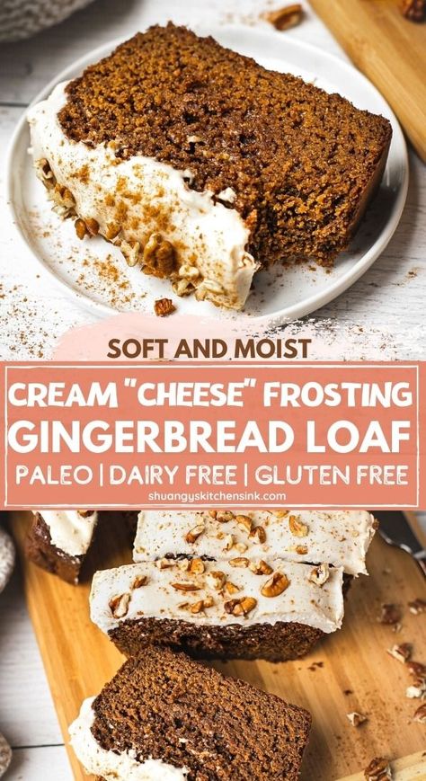 Almond Flour Gingerbread, Healthy Christmas Dessert Recipes, Starbucks Gingerbread Loaf, Healthy Christmas Desserts, Healthy Cream Cheese Frosting, Healthy Paleo Desserts, Honey Cream Cheese, Paleo Gingerbread, Cashew Cream Cheese