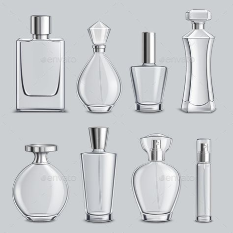 Perfume glass bottles various shapes and caps clear colorless realistic set light grey background isolated vector illustration Drawing Perfume, Basic Sketching, Light Grey Background, Bottle Drawing, Bottle Design Packaging, Perfume Bottle Design, Perfume Bottle Art, Perfume Packaging, Fragrance Bottle