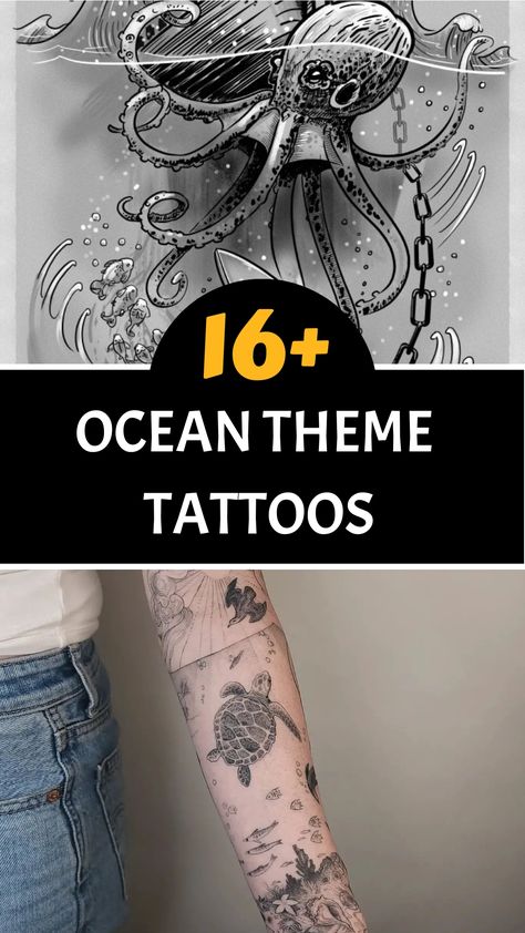 Ocean-inspired tattoo designs are a timeless favorite among individuals fascinated by the allure and majesty of the ocean. Featuring marine creatures such as dolphins, turtles, and seahorses, each design embodies a unique connection to the sea. Discover your perfect ocean-themed tattoo today! Ocean Meets Sky Tattoo, Ocean Chest Tattoo Female, Ocean Floor Tattoo, Seahorse Tattoos For Women, Ocean Creatures Tattoo, Ocean Scene Tattoo, Crab Tattoo For Women, Beach Tattoo Design, Sea Horse Tattoos