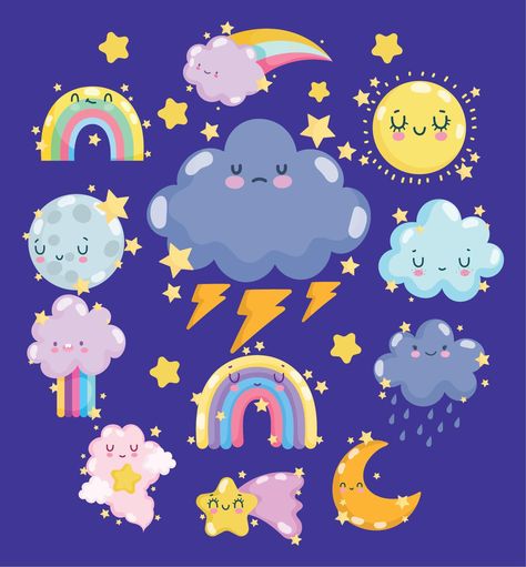 weather cute sun cloud storm rain thunder rainbow and moon with happy faces Cute Rain Illustration, Cloud Cartoon Cute, Cloud Character, Dream Cartoon, Weather Illustration, Rain Cartoon, Kawaii Clouds, Kawaii Weather, Sea Embroidery