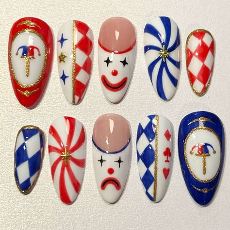 Clown Nails, Circus Nails, Carnival Nails, Nail Halloween, Halloween Nail Art Ideas, Kawaii Nail Art, Band Nails, Art Deco Nails, Anime Nails