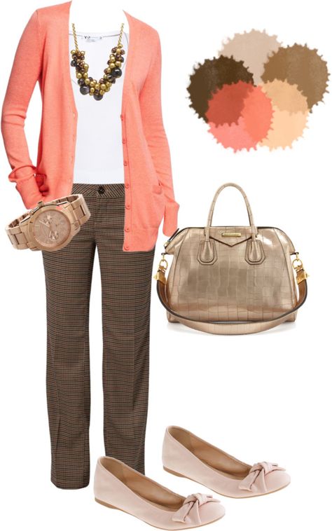 "Business Casual" love the brown, coral & gold together! Fashion Design School, Brown Pants, Outfit Combinations, Professional Outfits, Business Casual Outfits, Work Attire, Work Fashion, Look Fashion, Beautiful Outfits