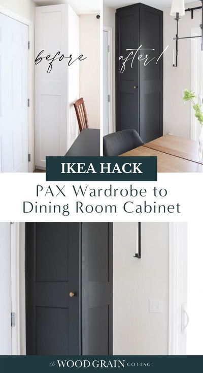 This IKEA hack turns a white PAX wardrobe frame into a beautiful black dining room cabinet for an easy and affordable DIY project that instantly adds tons of extra storage space! #ikeahack #ikeahacks #diningroom #diy #furnituremakeover Ikea Pax Doors, Ikea Wardrobe Hack, Dining Room Farmhouse, Budget Friendly Diy, Ikea Wardrobe, Dining Room Cabinet, Ikea Closet, Ikea Pax Wardrobe, Room Cabinet