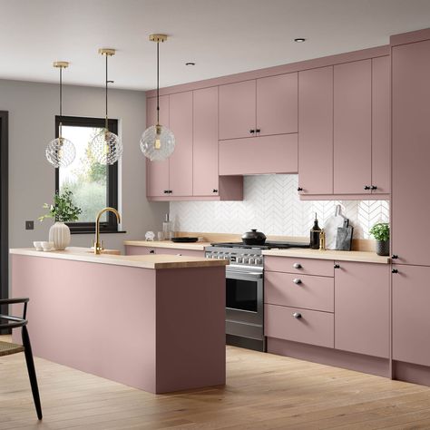 Premium Kitchens' Ethos range can revive your outdated kitchen cabinets, with cabinet doors available in a wide range of sizes and colours to suit your needs. Olive Green And Pink Kitchen, Pastel Pink Kitchen Cabinets, Pink And Sage Kitchen, Dusty Pink Kitchen Cabinets, Rose Kitchen Cabinets, Dusky Pink Kitchen, Dusty Rose Kitchen, Soft Pink Kitchen, Kitchen Cabinets Colour