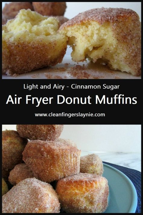 Air Fryer Cinnamon Sugar Donut Muffins - Clean Fingers Laynie Air Fryer Breakfast Muffins, Duffins Doughnut Muffins, Air Fryer Muffins Recipes, Muffins In Air Fryer, Fried Cake, Air Fryer Cake Recipes, Nutella Muffin, Donuts Recipes, Muffins Blueberry