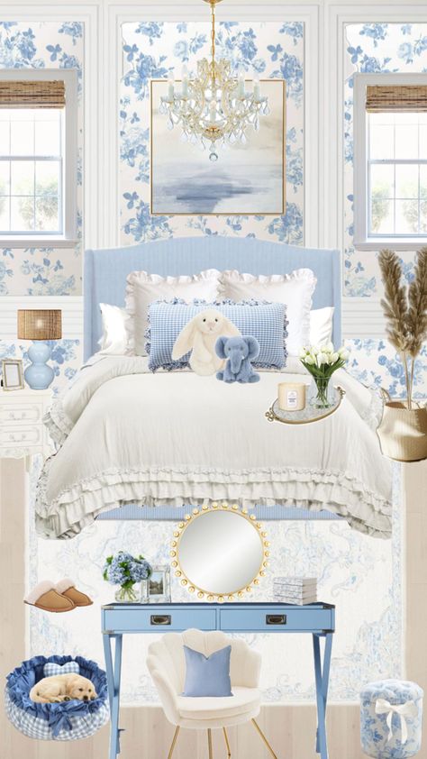 Love Shack Fancy Room Ideas, Blue Loveshackfancy Room, White And Blue Room Bedroom Ideas, Blue And White Vintage Bedroom, Blue Floral Bedroom Aesthetic, Spa Blue Bedroom, Blue Love Shack Fancy Bedroom, Coquette Bedroom Blue, Coastal Grandmother Dorm Room