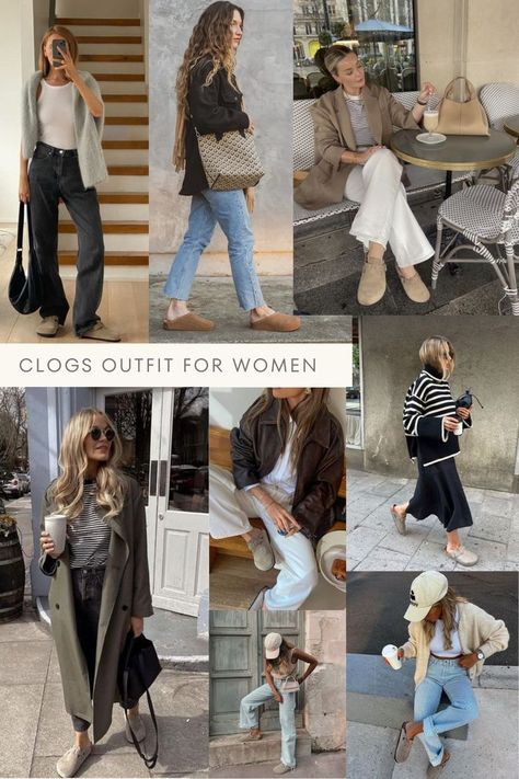 Chic Ways To Style Clogs | Outfit Idea | Fall Outfit Clogs Office Outfit, Boston Birkenstock Outfit Aesthetic, Clog Shoes For Women, Women’s Outfits With Clogs, Clog Slides Outfit, Footbed Clogs Outfit, Outfits With Rothy Clogs, Dansko Outfits How To Wear, Rothy’s Clog Outfit