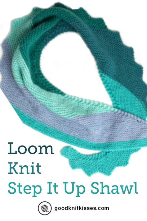 Step It Up Loom Knit Shawl is a beautiful crescent-shaped wrap with a sawtooth edge. http://www.goodknitkisses.com/loom-knit-shawl-step-it-up/ #goodknitkisses #loomknit #loomknitting #knitshawl #loomknitshawl #caroncakes Loom Knit Shawl, Loom Knitting Scarf, Round Loom Knitting, Loom Scarf, Circle Loom, Loom Knitting Tutorial, Loom Knitting Stitches, Loom Crochet, Bamboo Knitting Needles