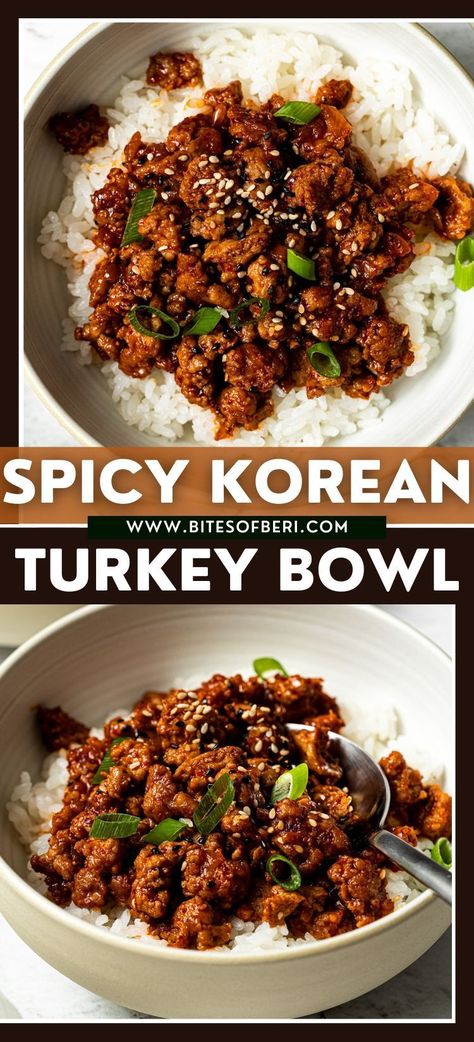 Gochujang Ground Chicken, Ground Turkey Korean Style, Korean Style Ground Turkey Bowl, Asian Ground Turkey Bowl, Ground Turkey Gochujang, Asian Style Ground Turkey, Korean Style Turkey Bowl, Ground Turkey Recipes Korean, Turkey Bulgogi Bowl