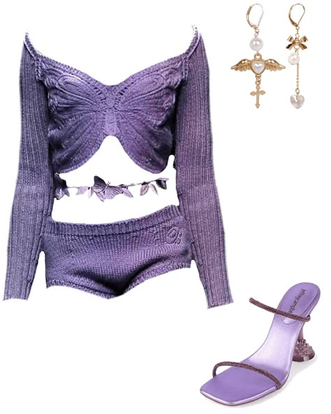 Purple Glam Outfit, Y2k Performance Outfits, 2000s Fashion Purple, Purple Butterfly Outfit, Stage Outfits Purple, Y2k Purple Outfit, Purple Stage Outfits, Butterfly Inspired Fashion, Purple Aesthetic Clothes