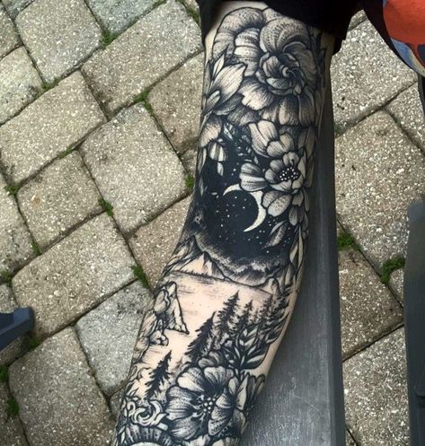 Cover Up Leg Tattoos For Women, Nature Cover Up Tattoos For Women, Nature Tattoo Cover Up, Sleeve Tattoos For Women Nature, Sleeve Cover Up Tattoos For Women, Black Nature Tattoo Sleeve, Illustrative Tattoo Sleeve, Leg Cover Up Tattoos, Dark Arm Tattoos For Women