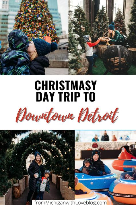 Here's how to spend a festive day trip to Downtown Detroit during the Christmas holiday. Save this pin to keep in mind and plan your visit to Detroit! Christmas In Detroit, Weekend In Detroit, Things To Do In Detroit Michigan, Detroit Christmas, Detroit Travel, Detroit Downtown, Visit Detroit, Book Tower, Holiday Bar