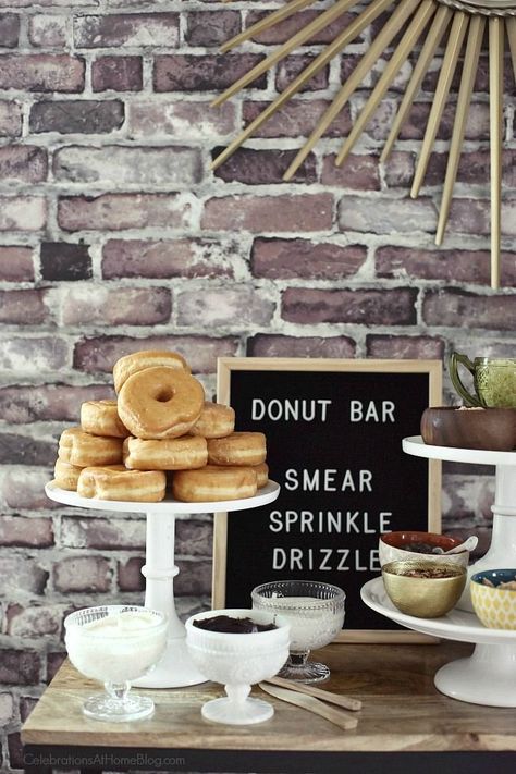 Set up a Donut Bar with Toppings Galore for your next party. You'll love this party idea for birthdays, baby/bridal showers, or back-to-school. Whatever it is you're celebrating, make sure to make it more fun with a donut toppings buffet. Kids Cooking Party, Toppings Bar, Doughnut Party, Donut Toppings, Waffle Bar, Donut Decorations, Donut Bar, Donut Birthday Parties, Pizza Bar