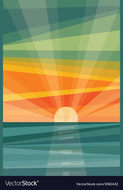 Sunset on beach geometric abstract Royalty Free Vector Image Beach Template Background, Sunset Painting Diy, Geometric Scenery, Beach Moodboard, Draw Sunset, 2d Composition, Mountain Sunset Art, Sunset Quilt, Geometric Sunset