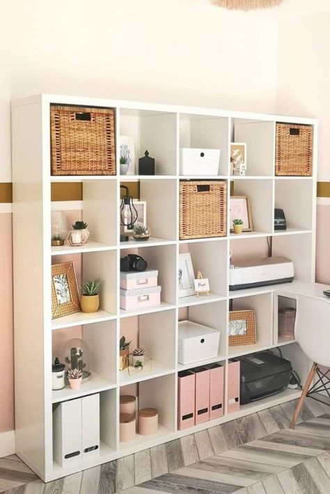 Office Storage Shelving Ideas, Cube Shelf Office Organization, Home Office Storage Shelves, Grey Cube Storage, Home Office Cube Storage Ideas, Office Decor Storage, Office With Cube Storage, Office Storage Shelves, Storage Cube Decor