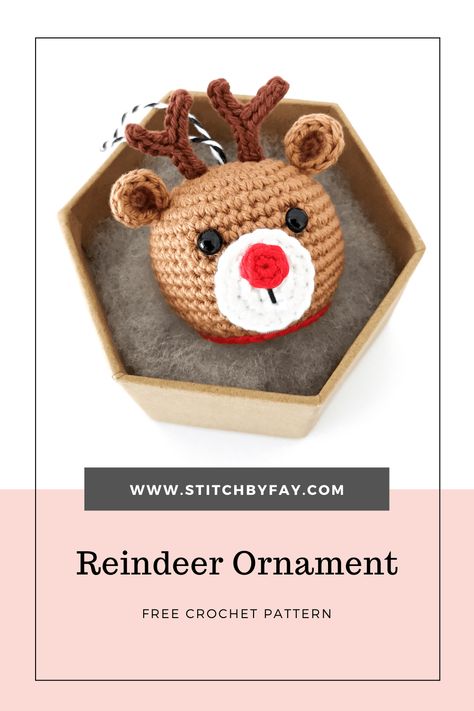 Reindeer Ornament Crochet Pattern - Free Pattern - Stitch by Fay Crochet Christmas Baubles Free Pattern, Quick Crochet Amigurumi Free Patterns, Amigurumi Christmas Free Pattern, Quick Christmas Crochet, Reindeer Bauble, Crochet Seasonal, Crochet Christmas Baubles, Advent Ornaments, Amigurumi Reindeer