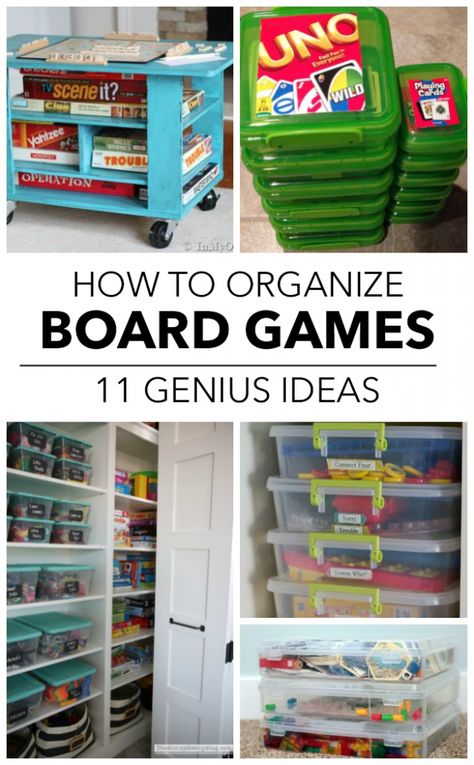 11 Ways To Finally Get All Your Games Organized Storage Ideas For Games, Craft And Game Closet Organization, Board Games Organization Ideas, Daycare Toy Storage, Small Loft Game Room Ideas, Organizing Game Closet, Organize Games In Closet, Kids Game Storage Ideas, Kids Board Game Storage